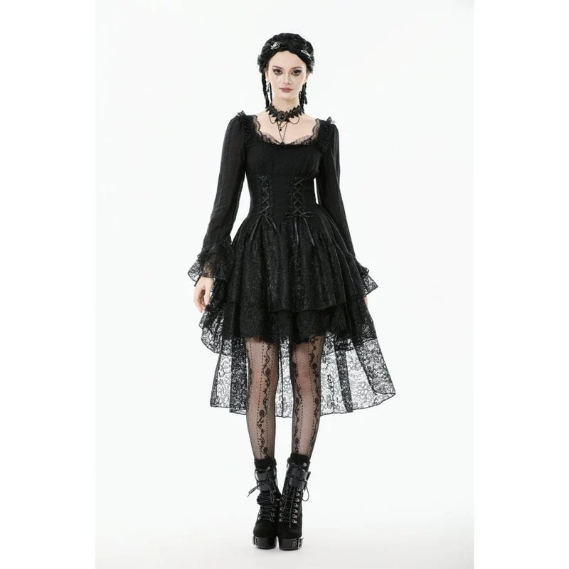 Gothic-Kleid mit mehrlagigem Schnürmuster und quadratischem Kragen für Damen