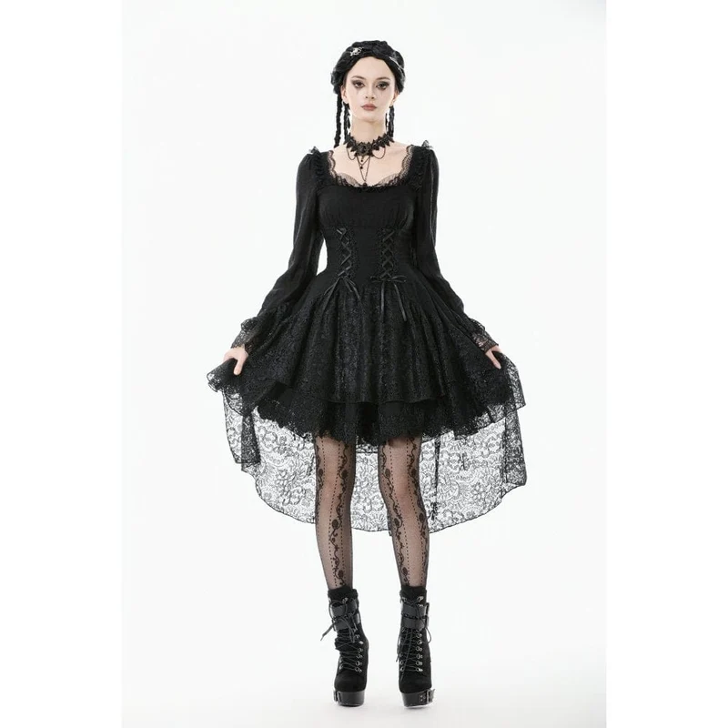 Gothic-Kleid mit mehrlagigem Schnürmuster und quadratischem Kragen für Damen