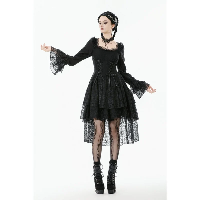 Gothic-Kleid mit mehrlagigem Schnürmuster und quadratischem Kragen für Damen