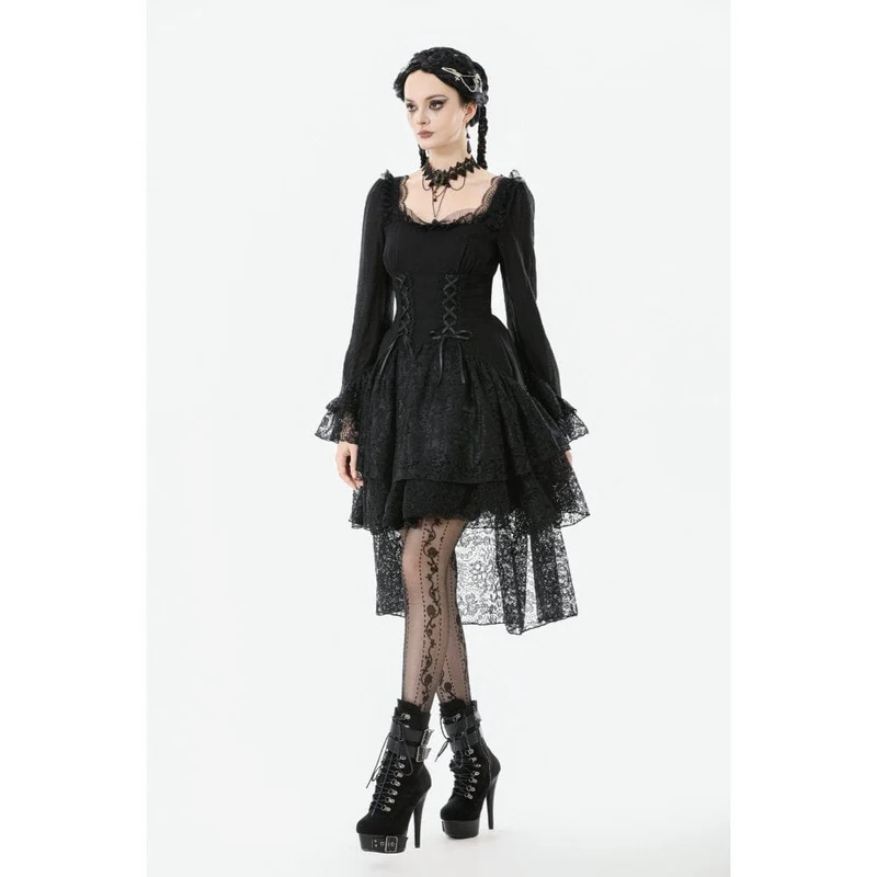 Gothic-Kleid mit mehrlagigem Schnürmuster und quadratischem Kragen für Damen