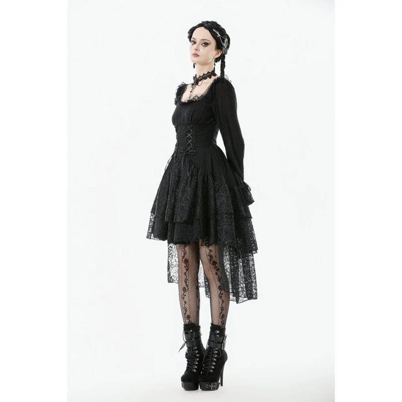 Gothic-Kleid mit mehrlagigem Schnürmuster und quadratischem Kragen für Damen