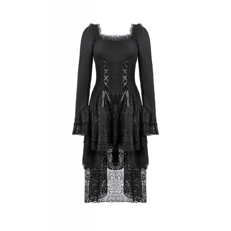 Gothic-Kleid mit mehrlagigem Schnürmuster und quadratischem Kragen für Damen