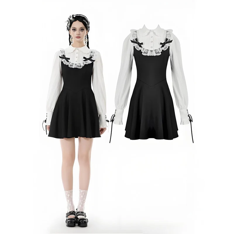 Gothic-Kleid für Damen mit Puppenkragen, zweiteiliges, langärmeliges Kleid mit Faux-Effekt, Abschlusskleid
