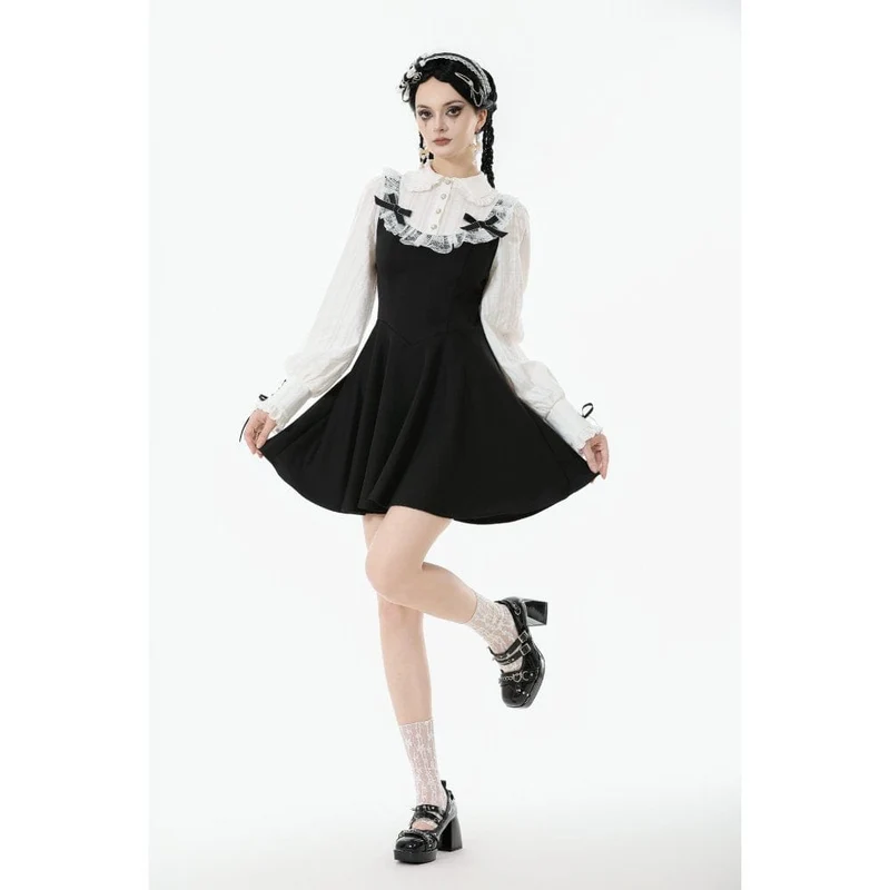 Gothic-Kleid für Damen mit Puppenkragen, zweiteiliges, langärmeliges Kleid mit Faux-Effekt, Abschlusskleid