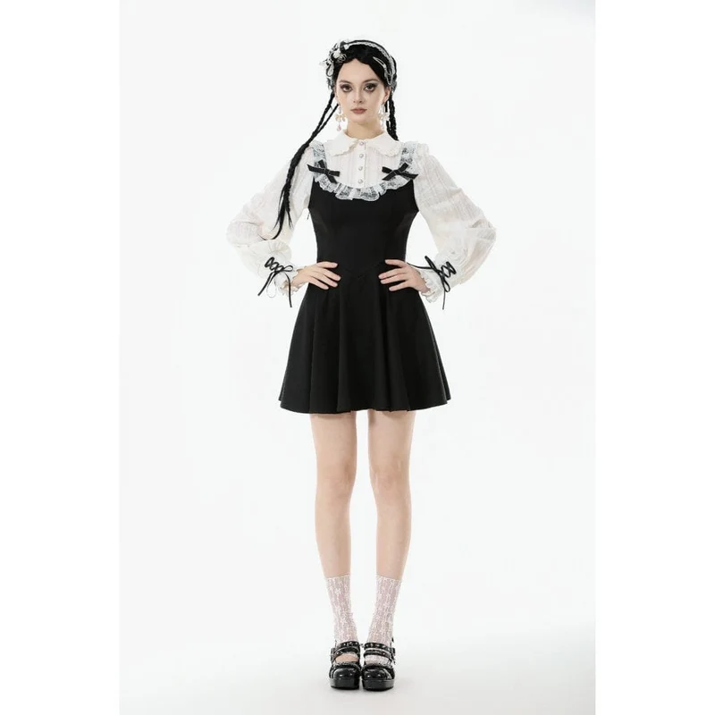 Gothic-Kleid für Damen mit Puppenkragen, zweiteiliges, langärmeliges Kleid mit Faux-Effekt, Abschlusskleid