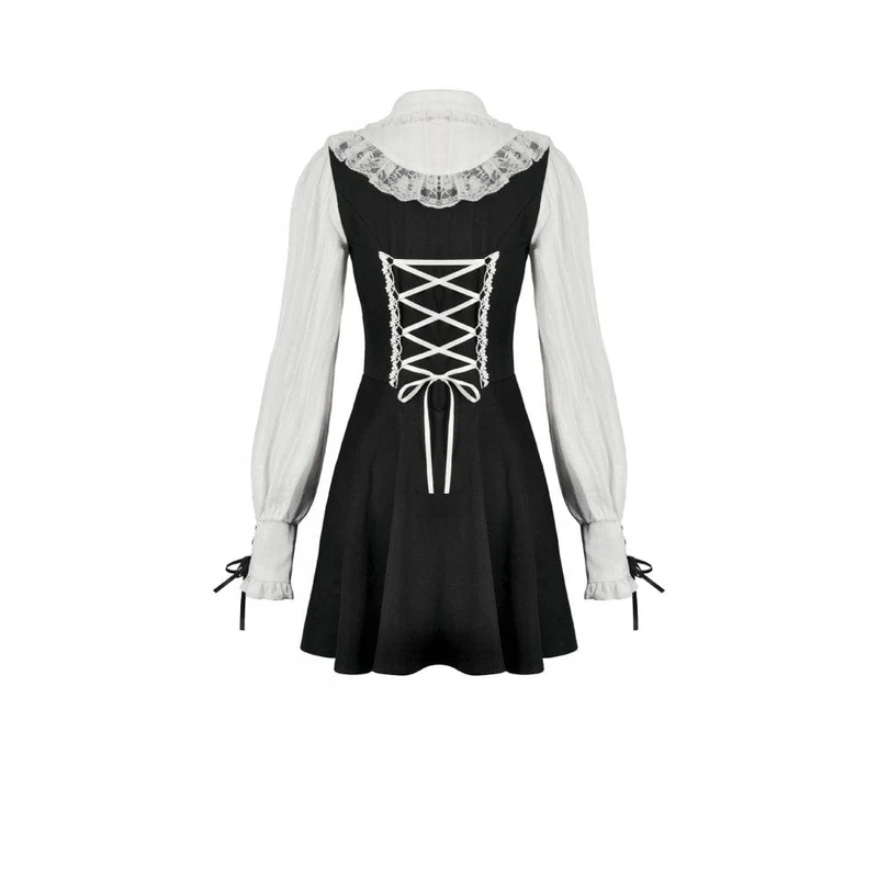 Gothic-Kleid für Damen mit Puppenkragen, zweiteiliges, langärmeliges Kleid mit Faux-Effekt, Abschlusskleid