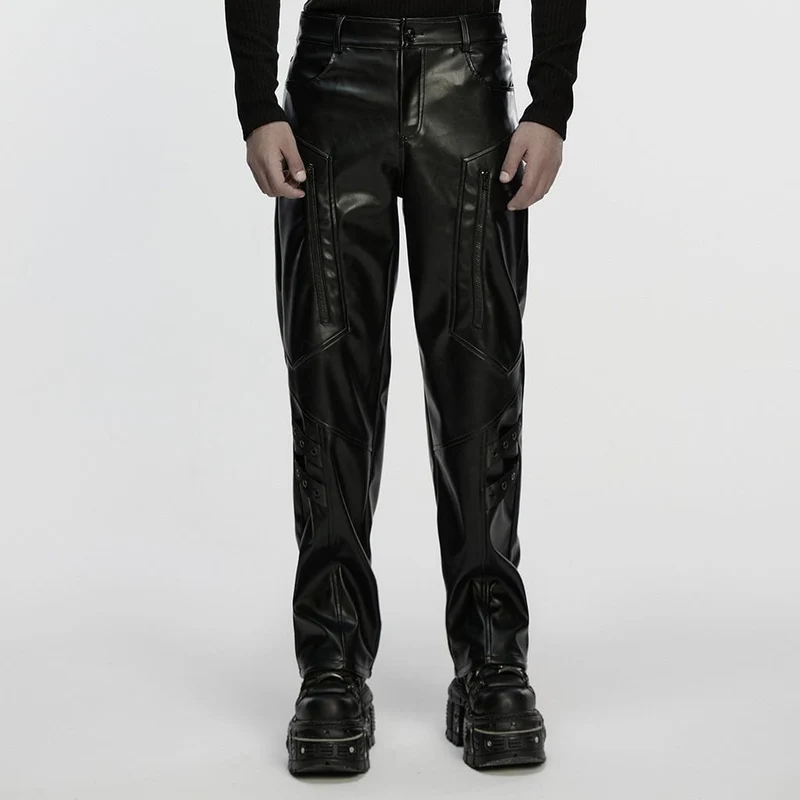 Herren-Cyberpunk-Hose aus Kunstleder mit Ösenriemen und Reißverschluss