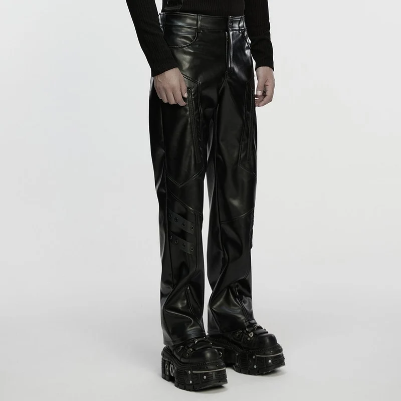 Herren-Cyberpunk-Hose aus Kunstleder mit Ösenriemen und Reißverschluss