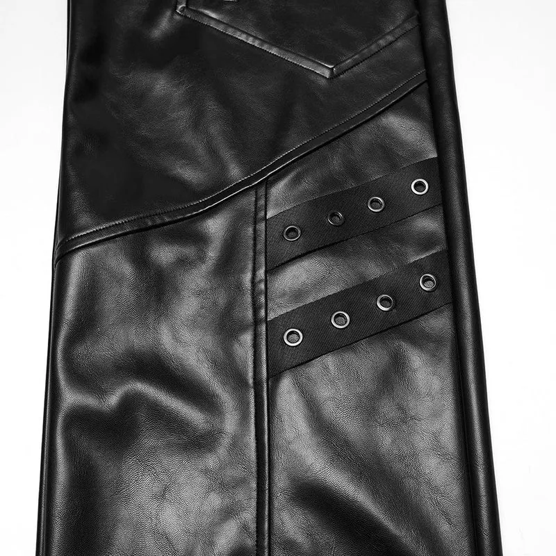 Herren-Cyberpunk-Hose aus Kunstleder mit Ösenriemen und Reißverschluss