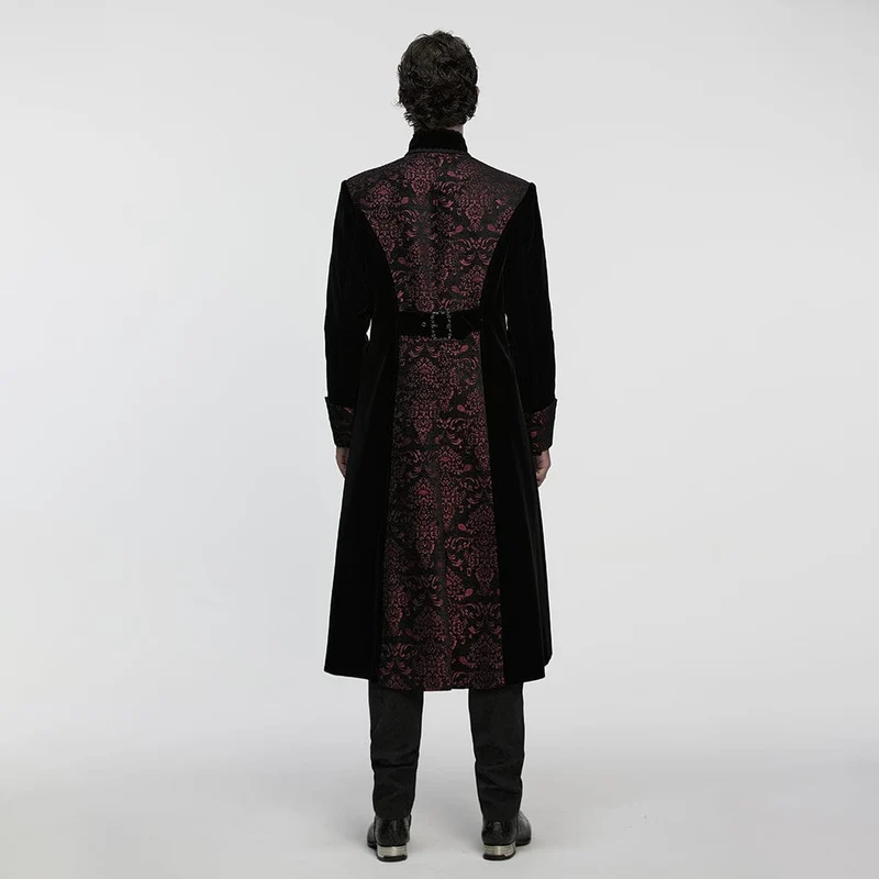 Herren Gothic Floral Jacquard Zweireihiger Reißverschlussmantel Schwarz-Rot