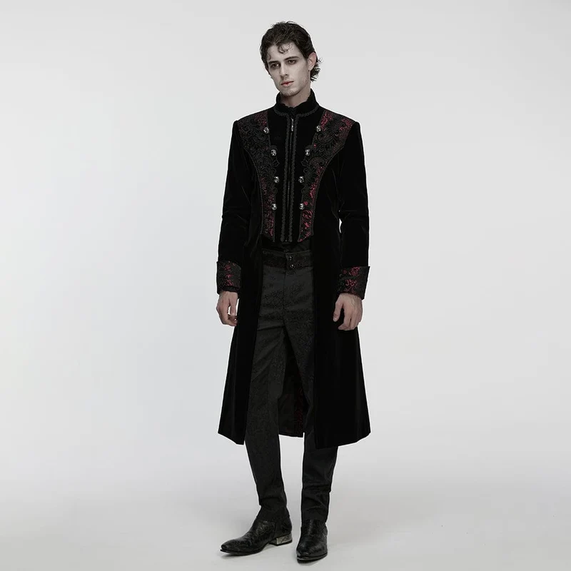 Herren Gothic Floral Jacquard Zweireihiger Reißverschlussmantel Schwarz-Rot