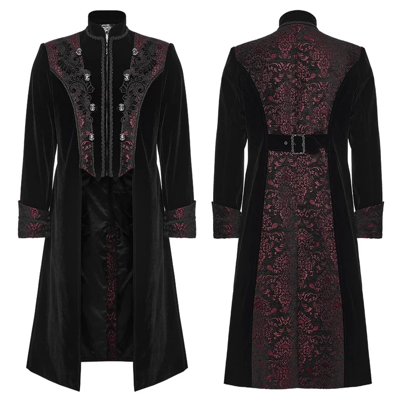 Herren Gothic Floral Jacquard Zweireihiger Reißverschlussmantel Schwarz-Rot