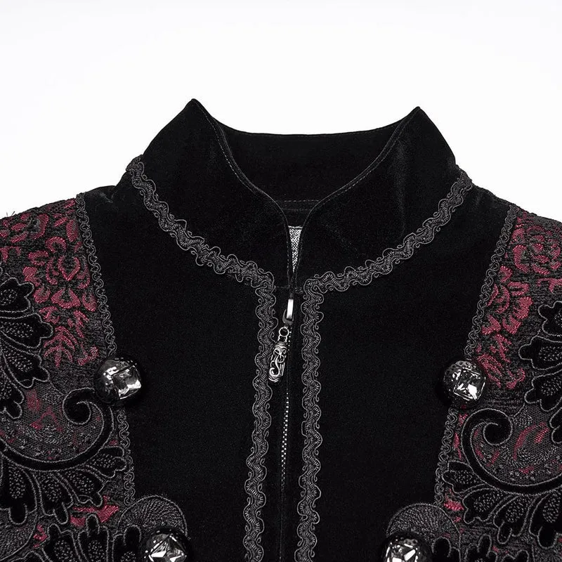 Herren Gothic Floral Jacquard Zweireihiger Reißverschlussmantel Schwarz-Rot