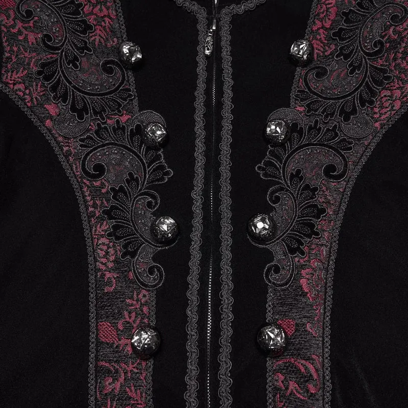 Herren Gothic Floral Jacquard Zweireihiger Reißverschlussmantel Schwarz-Rot