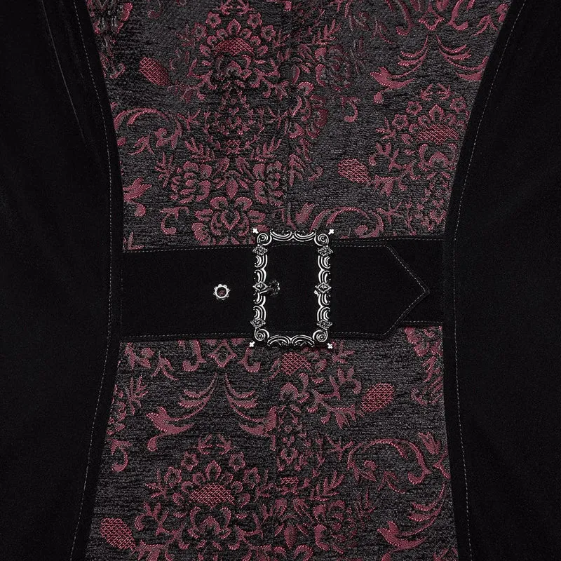 Herren Gothic Floral Jacquard Zweireihiger Reißverschlussmantel Schwarz-Rot