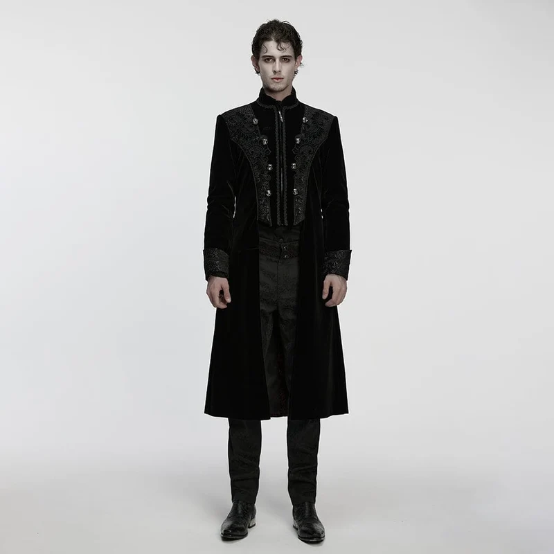 Herren Gothic Floral Jacquard Zweireihiger Reißverschlussmantel Schwarz