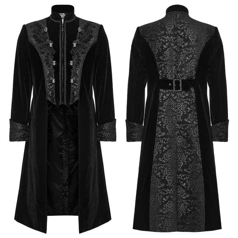 Herren Gothic Floral Jacquard Zweireihiger Reißverschlussmantel Schwarz