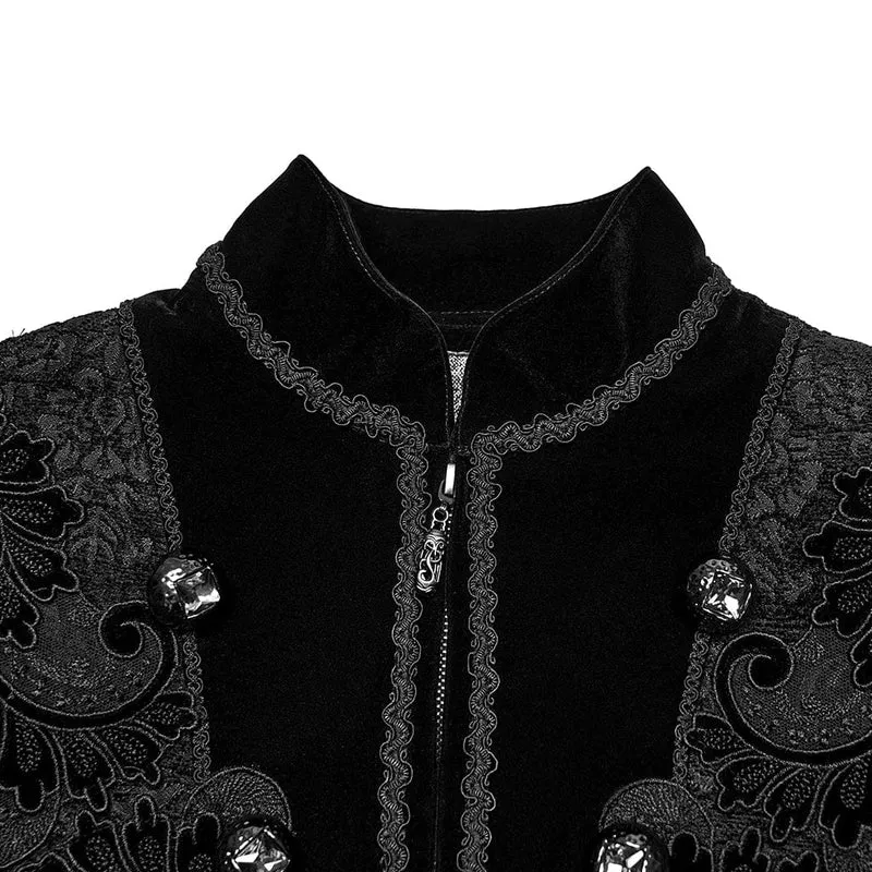Herren Gothic Floral Jacquard Zweireihiger Reißverschlussmantel Schwarz