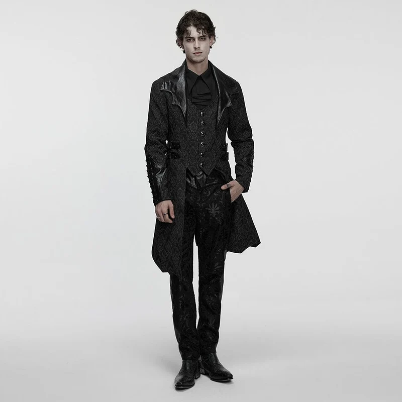 Herren Gothic Floral Jacquard Umlegemantel mit Fledermauskragen Schwarz