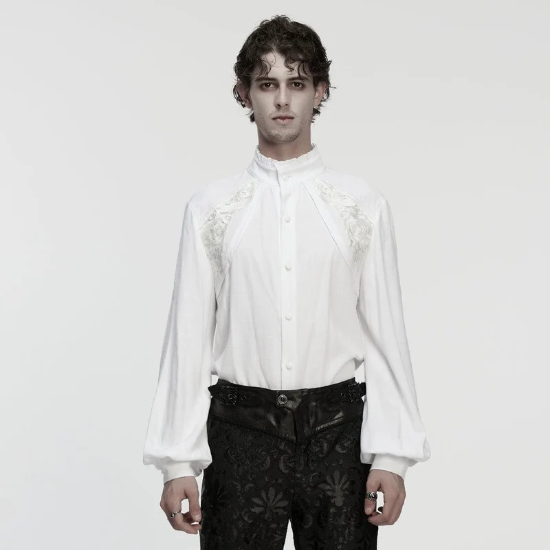 Herren Gothic Floral Aufkleber Stehkragen Laterne Ärmeln Hemd Weiß