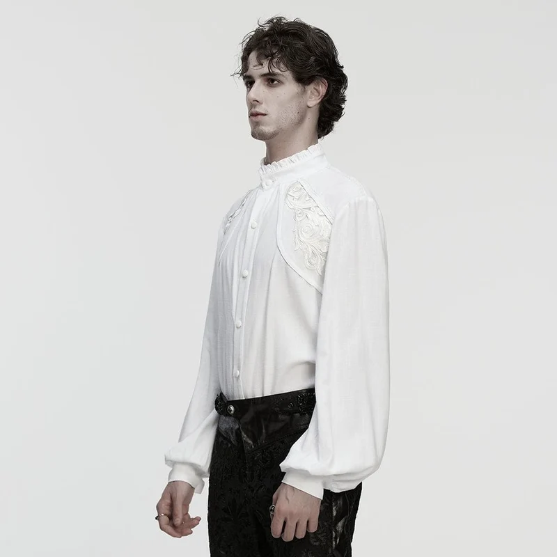 Herren Gothic Floral Aufkleber Stehkragen Laterne Ärmeln Hemd Weiß