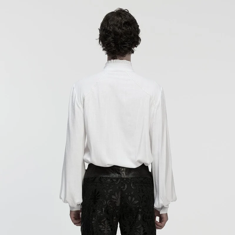 Herren Gothic Floral Aufkleber Stehkragen Laterne Ärmeln Hemd Weiß