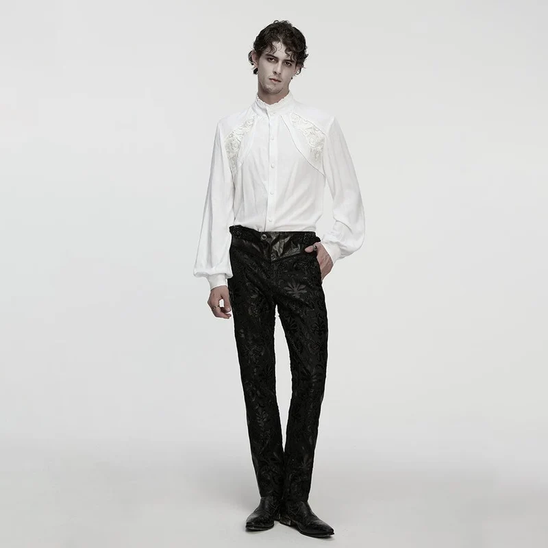 Herren Gothic Floral Aufkleber Stehkragen Laterne Ärmeln Hemd Weiß