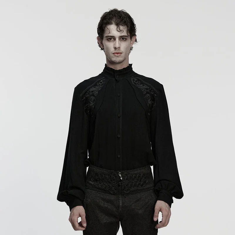 Herren Gothic Floral Aufkleber Stehkragen Laterne Ärmeln Hemd Schwarz