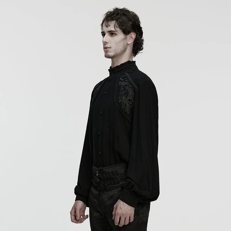 Herren Gothic Floral Aufkleber Stehkragen Laterne Ärmeln Hemd Schwarz