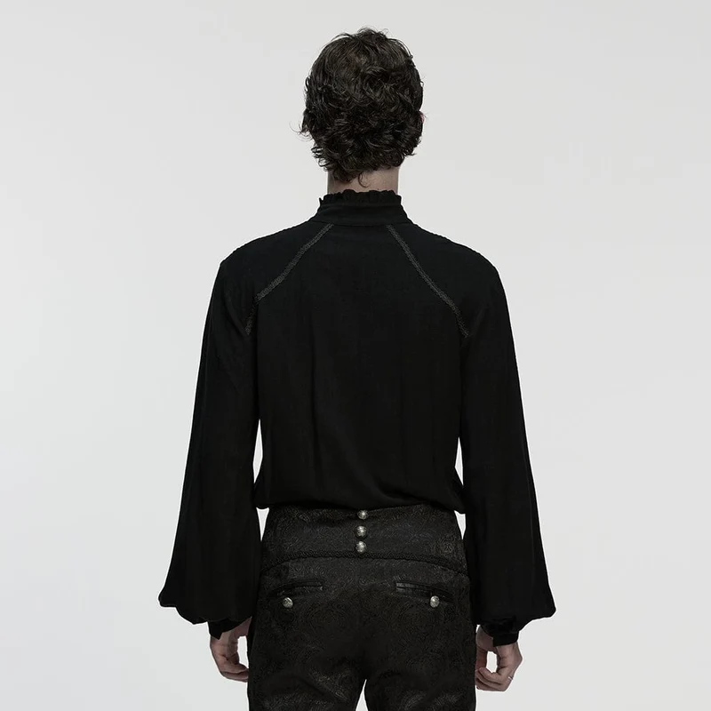 Herren Gothic Floral Aufkleber Stehkragen Laterne Ärmeln Hemd Schwarz