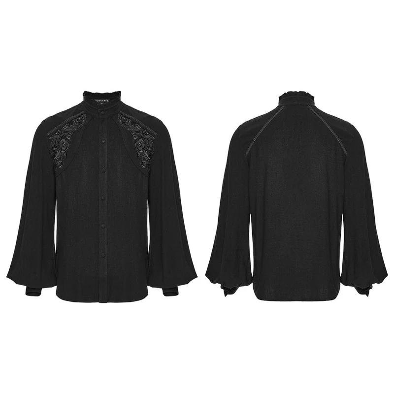 Herren Gothic Floral Aufkleber Stehkragen Laterne Ärmeln Hemd Schwarz