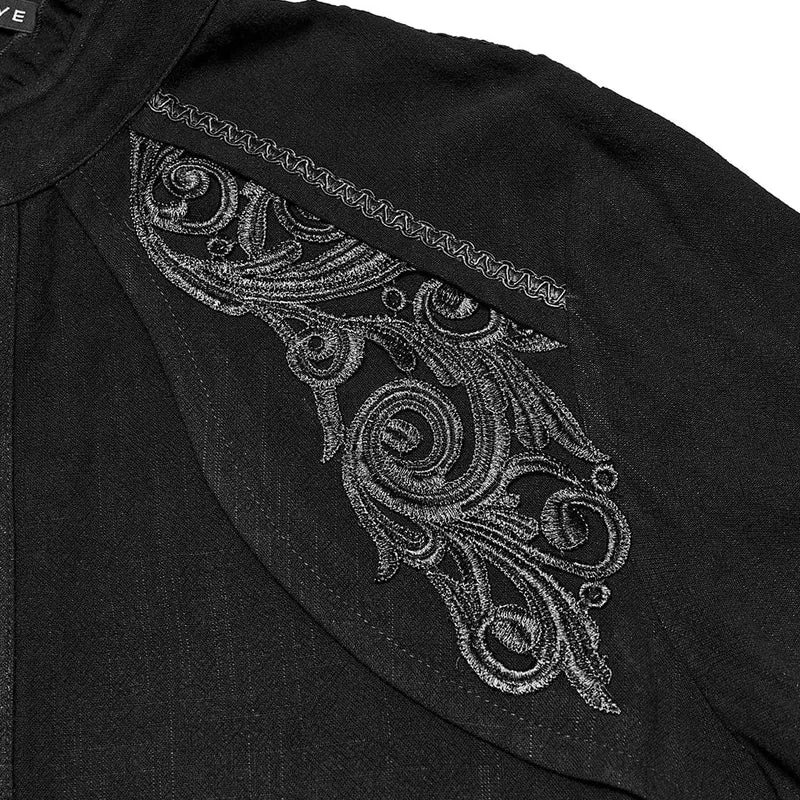 Herren Gothic Floral Aufkleber Stehkragen Laterne Ärmeln Hemd Schwarz