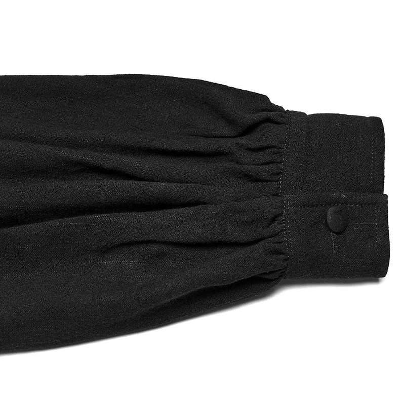 Herren Gothic Floral Aufkleber Stehkragen Laterne Ärmeln Hemd Schwarz