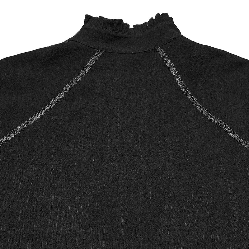 Herren Gothic Floral Aufkleber Stehkragen Laterne Ärmeln Hemd Schwarz
