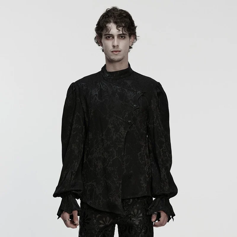 Herren Gothic Asymmetrisches Bedrucktes Puffärmelhemd Schwarz