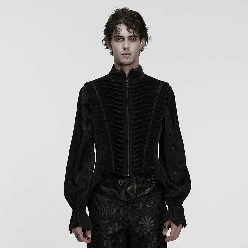 Gothic-Weste mit plissiertem Stehkragen und Schwalbenschwanz für Herren, Schwarz