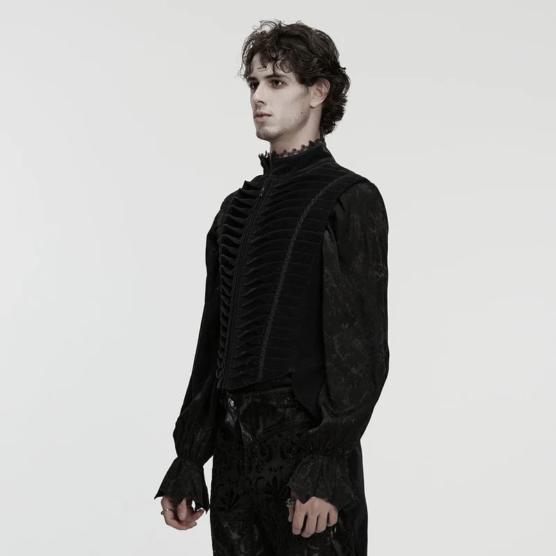 Gothic-Weste mit plissiertem Stehkragen und Schwalbenschwanz für Herren, Schwarz