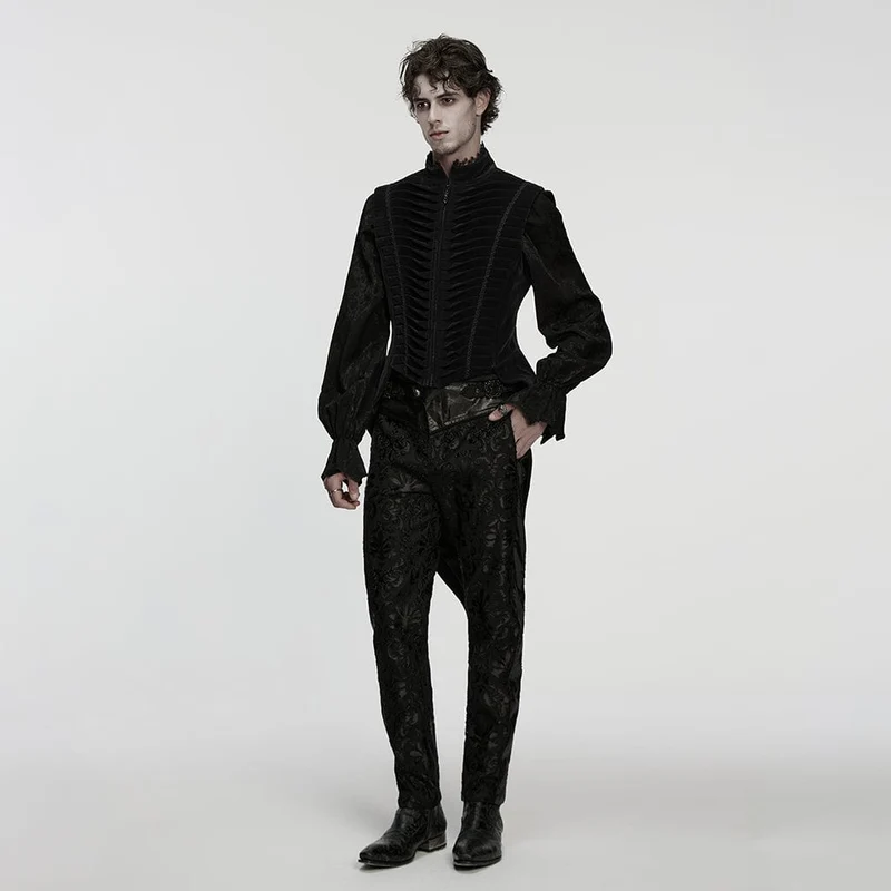 Gothic-Weste mit plissiertem Stehkragen und Schwalbenschwanz für Herren, Schwarz