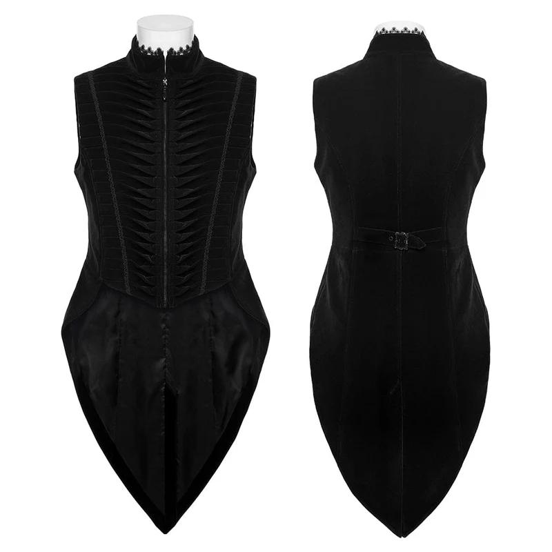 Gothic-Weste mit plissiertem Stehkragen und Schwalbenschwanz für Herren, Schwarz