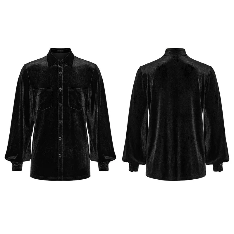 Gothic-Herrenhemd aus Samt mit Umlegekragen und Puffärmeln in Schwarz