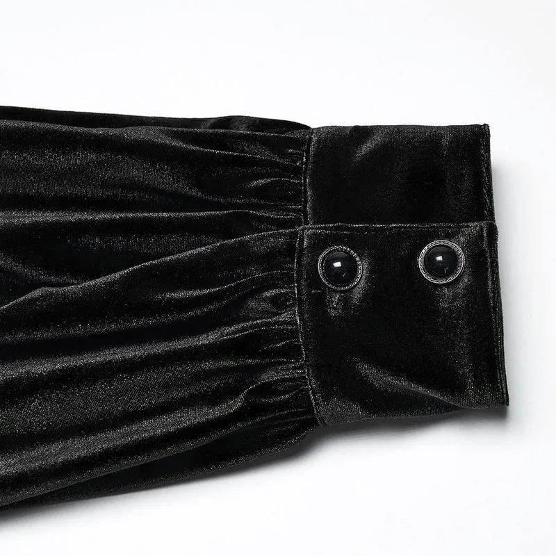 Gothic-Herrenhemd aus Samt mit Umlegekragen und Puffärmeln in Schwarz
