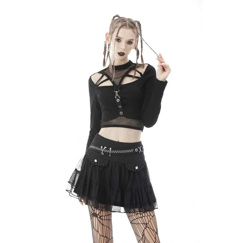 Damen Punk Skull Mesh Splice Falbala Rock