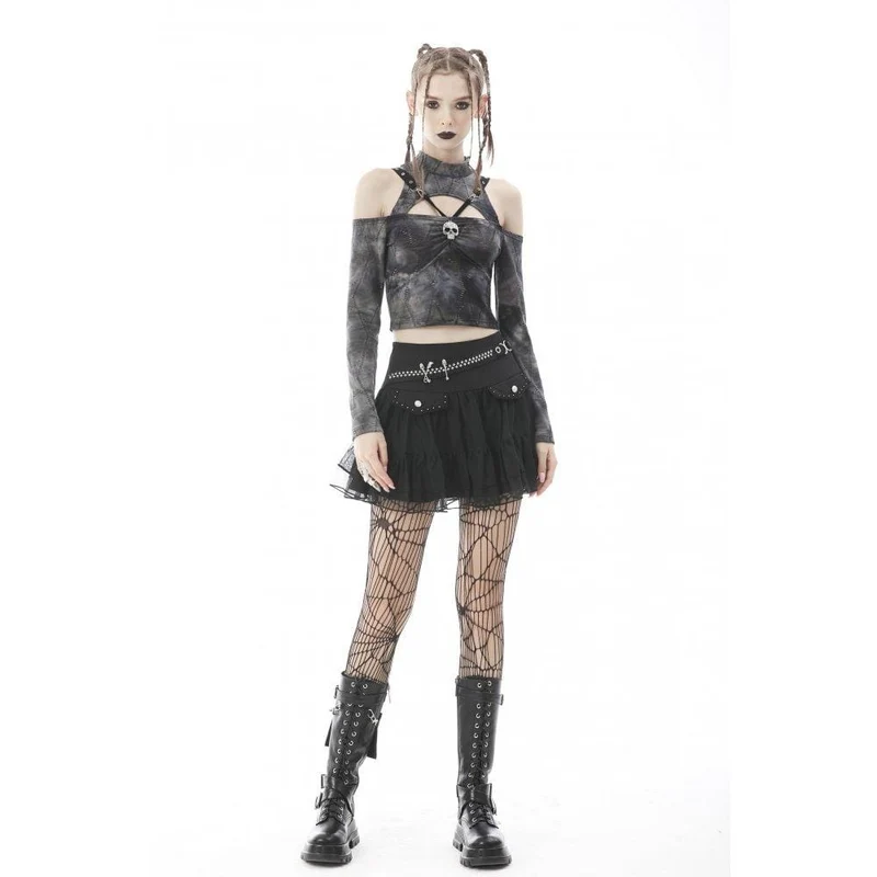 Damen Punk Skull Mesh Splice Falbala Rock