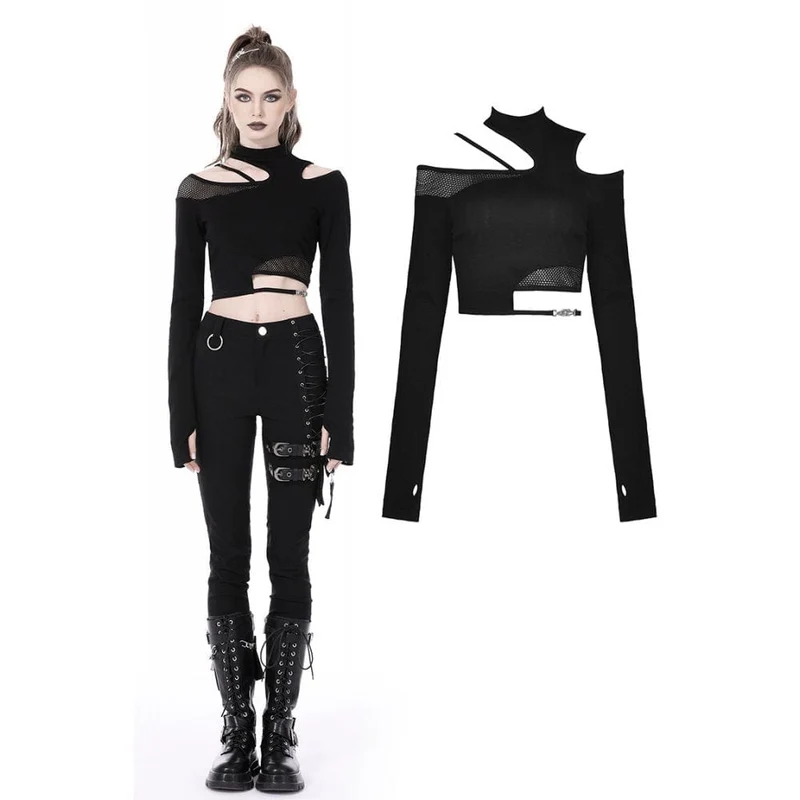 Damen-Crop-Top mit unregelmäßigem Ausschnitt aus Mesh und Splice