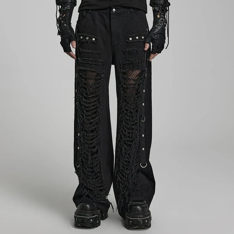 Herren Punk Ripped Mesh Splice Gerade Hose