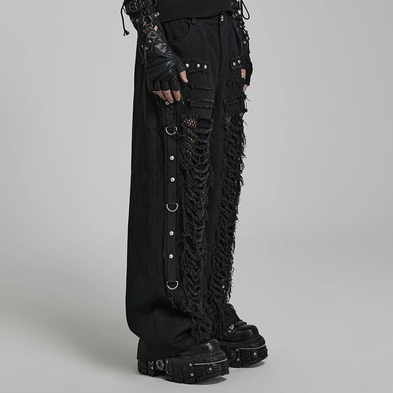 Herren Punk Ripped Mesh Splice Gerade Hose