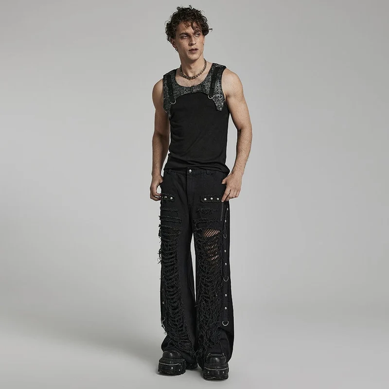 Herren Punk Ripped Mesh Splice Gerade Hose