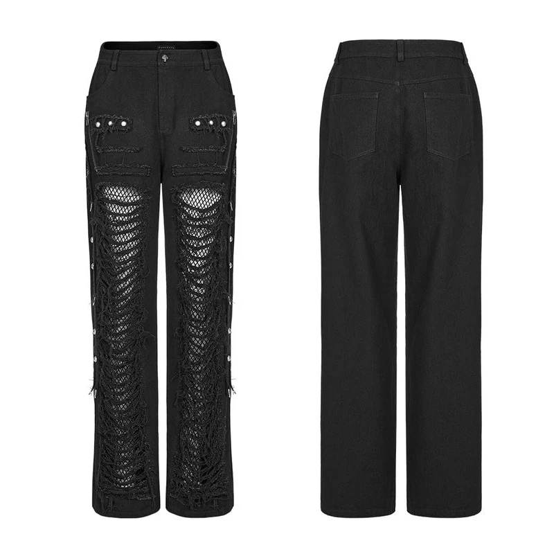 Herren Punk Ripped Mesh Splice Gerade Hose