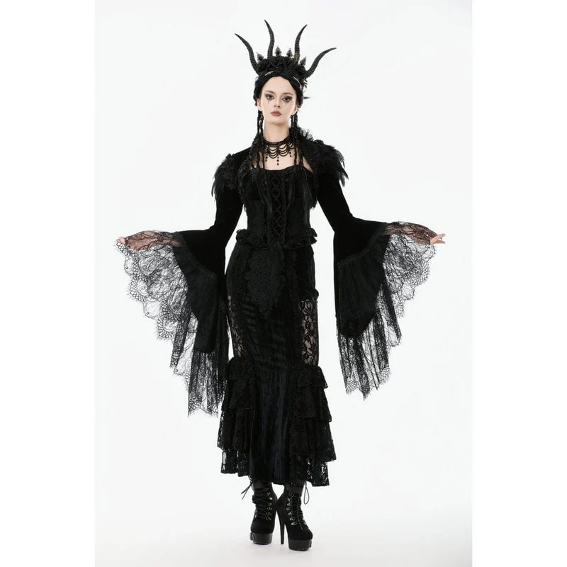 Gothic-Umhang mit Blumenmuster und Federn und ausgestellten Ärmeln für Damen