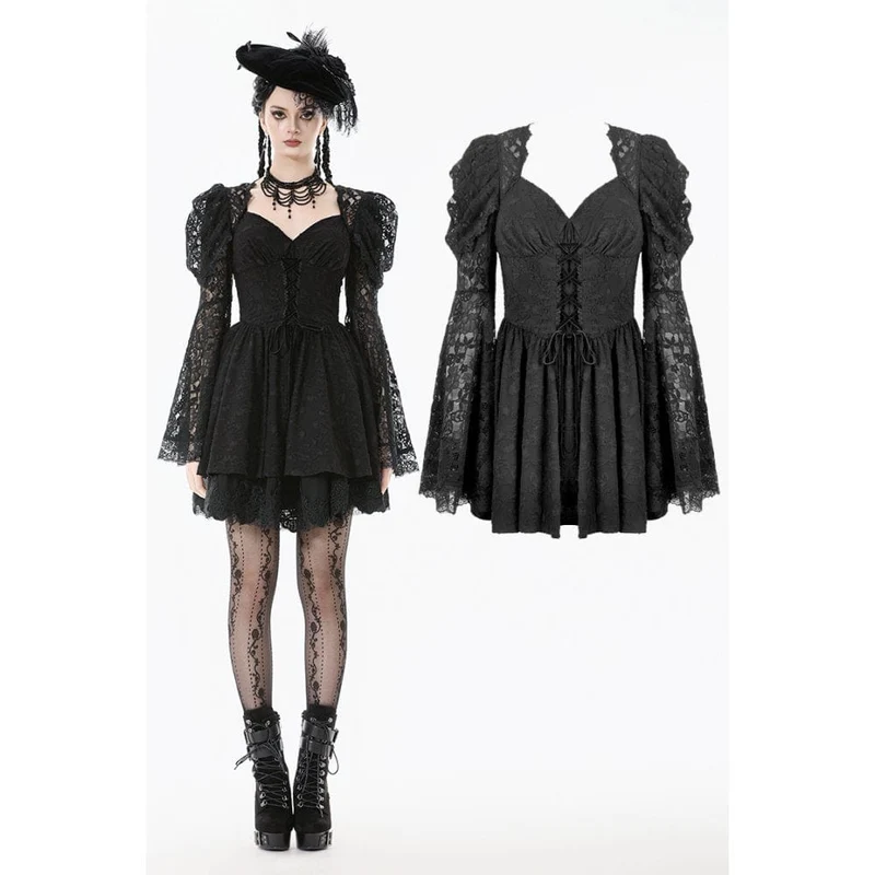 Gothic-Kleid mit Jacquard-Muster, floraler Spitze und Ärmeln für Damen, Abschlusskleid